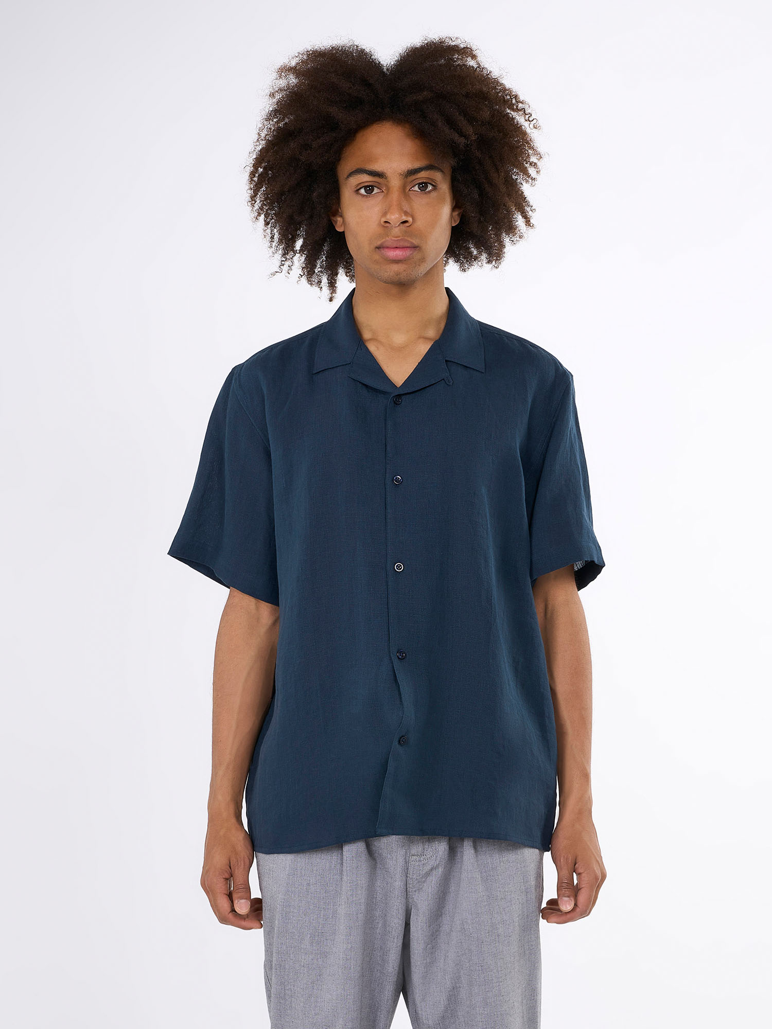 Knowledge Cotton Apparel Box fit short sleeved linen shirt Total Eclipse S