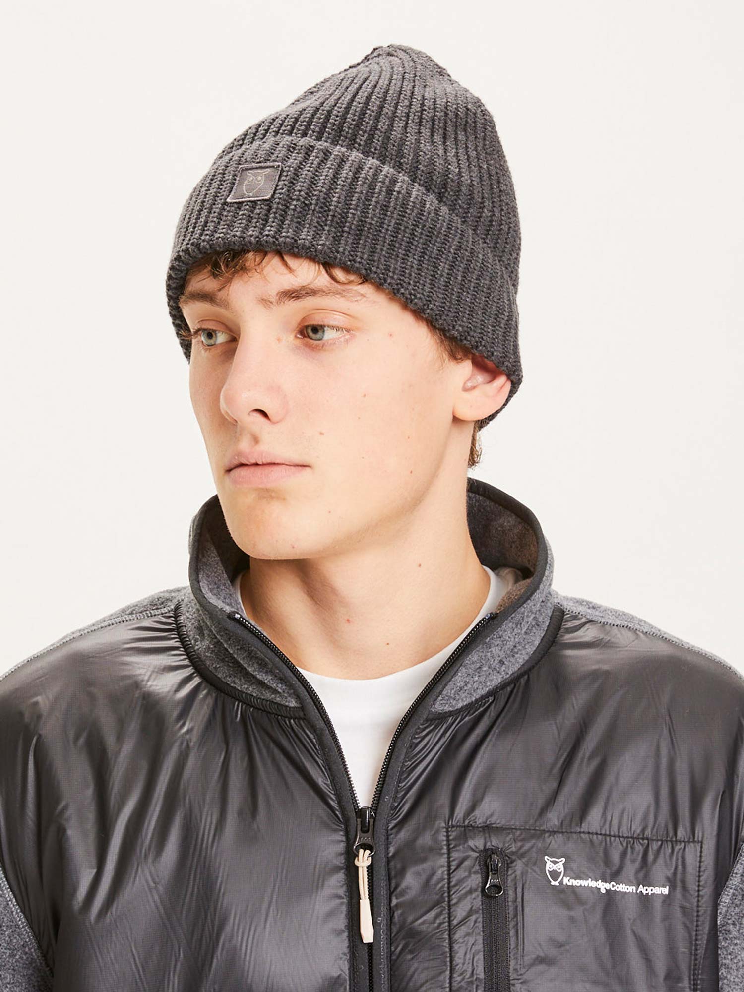 Knowledge Cotton Apparel Leaf Ribbing Hat Dark grey melange Onesize