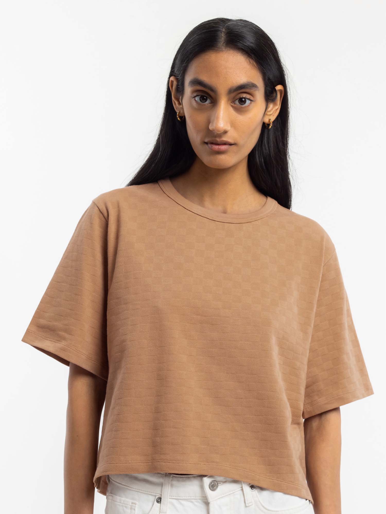 ROTHOLZ Cropped Tonal Check T-Shirt Caramel Brown L