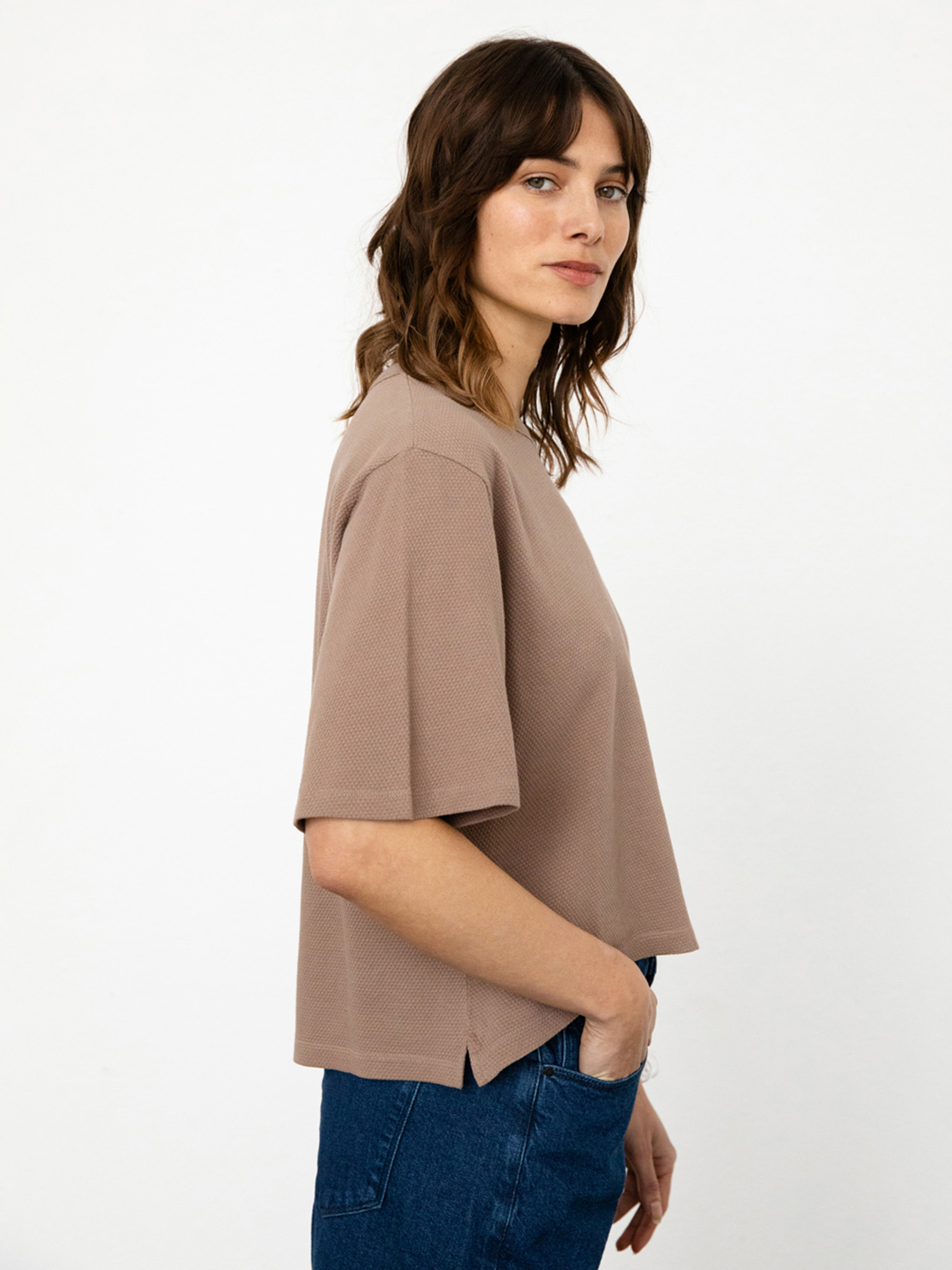 Rotholz Cropped Waffel T-Shirt Washed Brown S