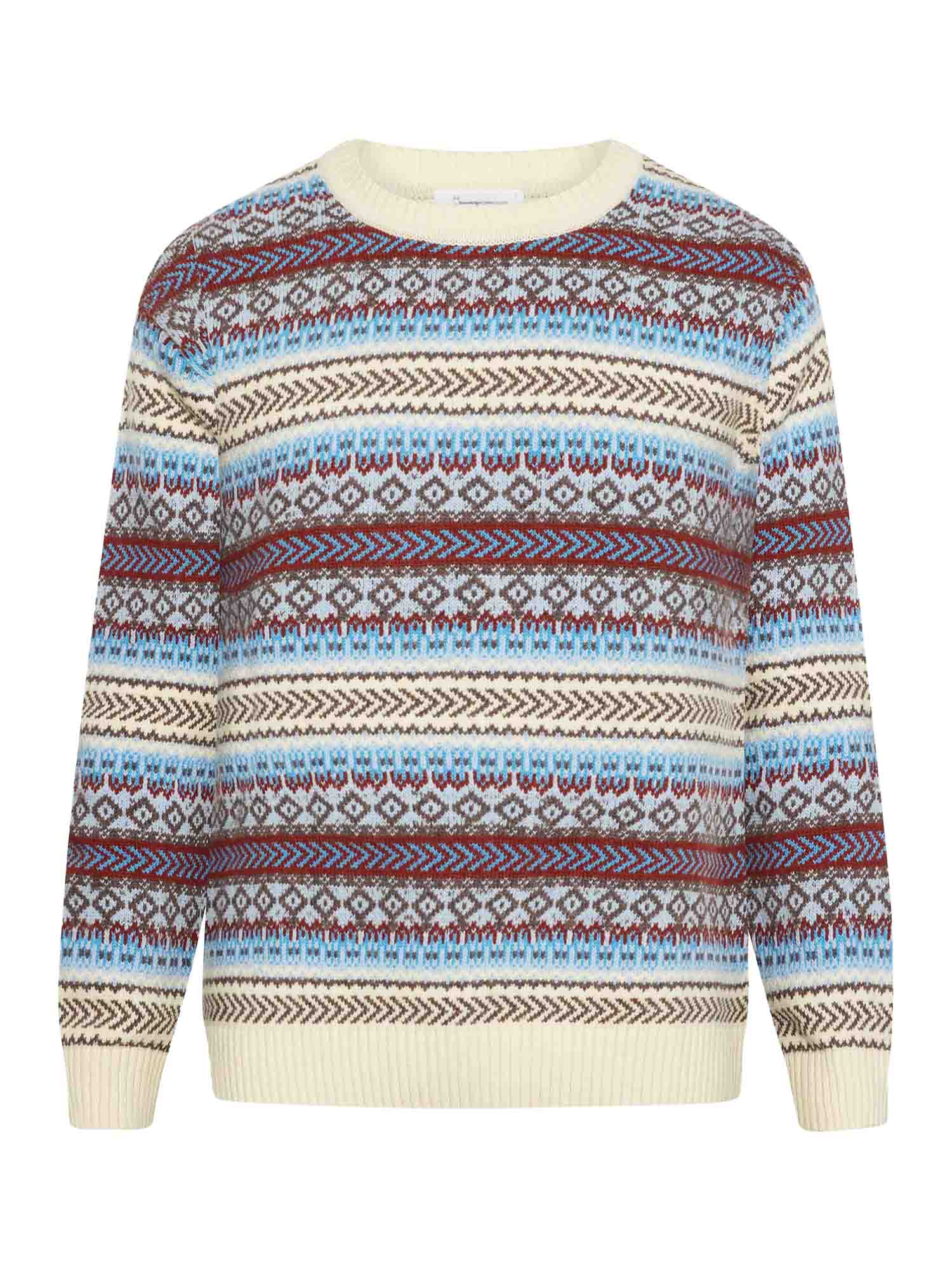 Knowledge Cotton Apparel Knitted Fair Isle Crew Neck Multi Color Stripe L