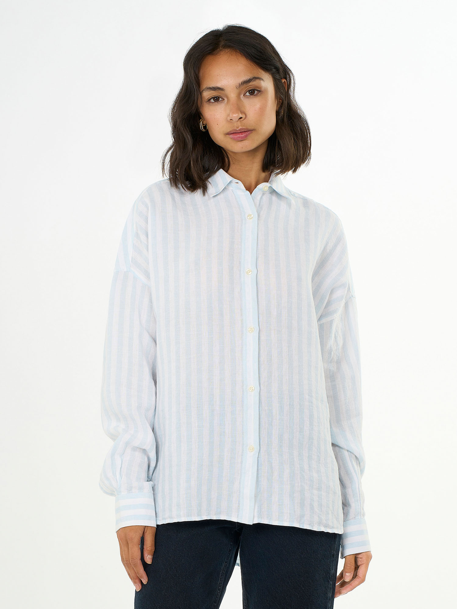 Knowledge Cotton Apparel Linen Striped Loose A-Shape Shirt Stripe M