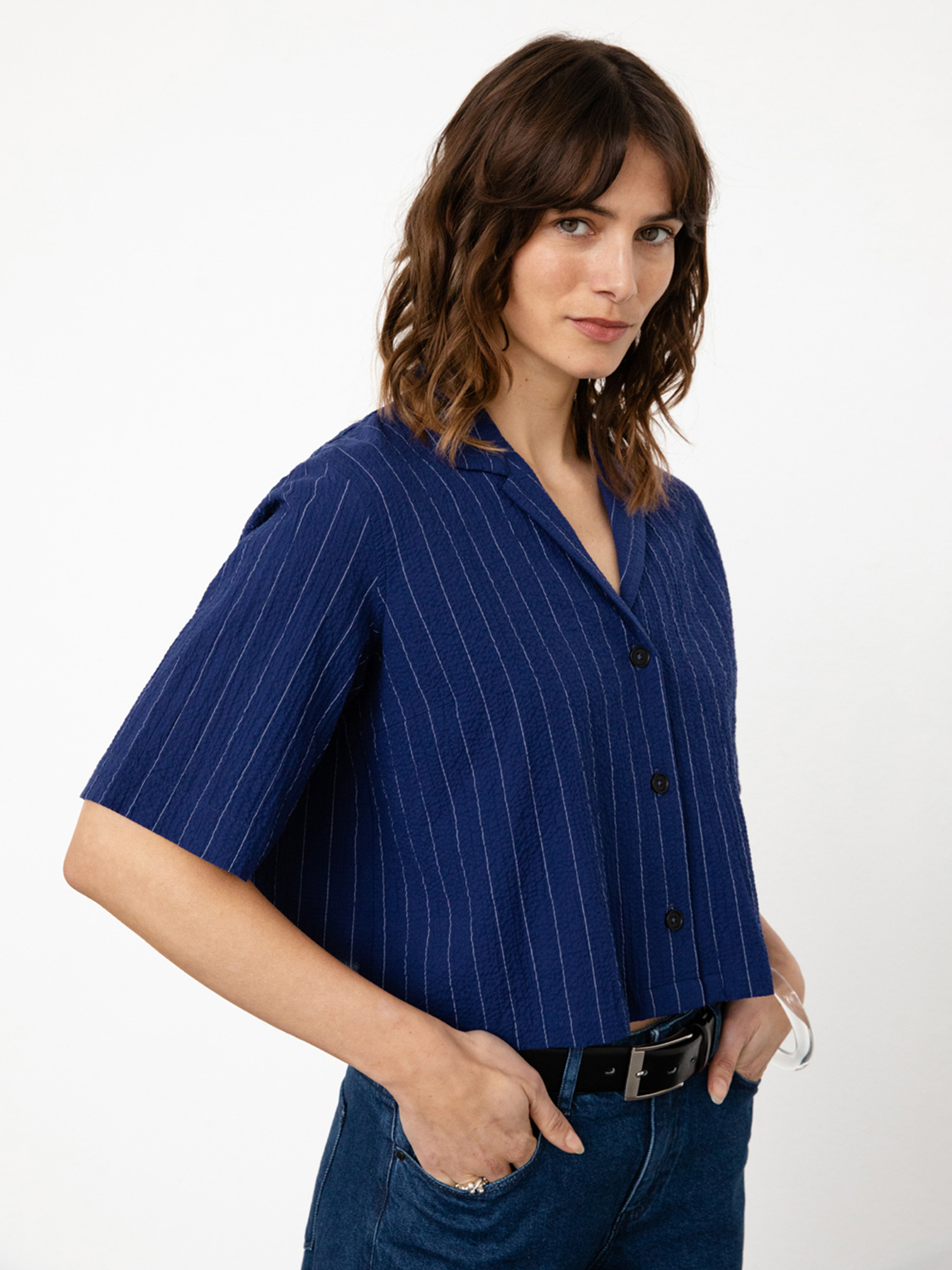 Rotholz Cropped Bowling Shirt Navy Pinstripe M