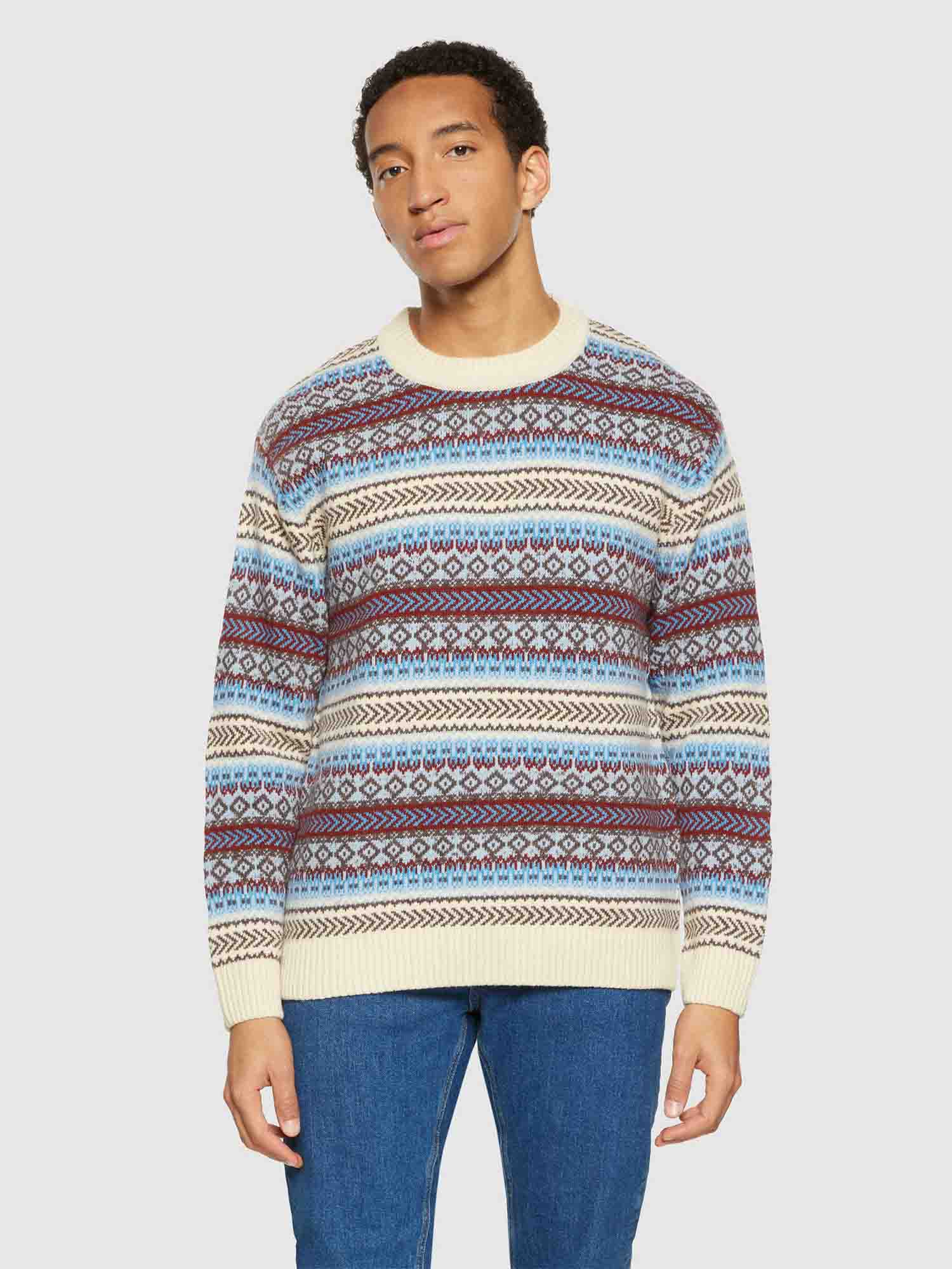 Knowledge Cotton Apparel Knitted Fair Isle Crew Neck Multi Color Stripe XL