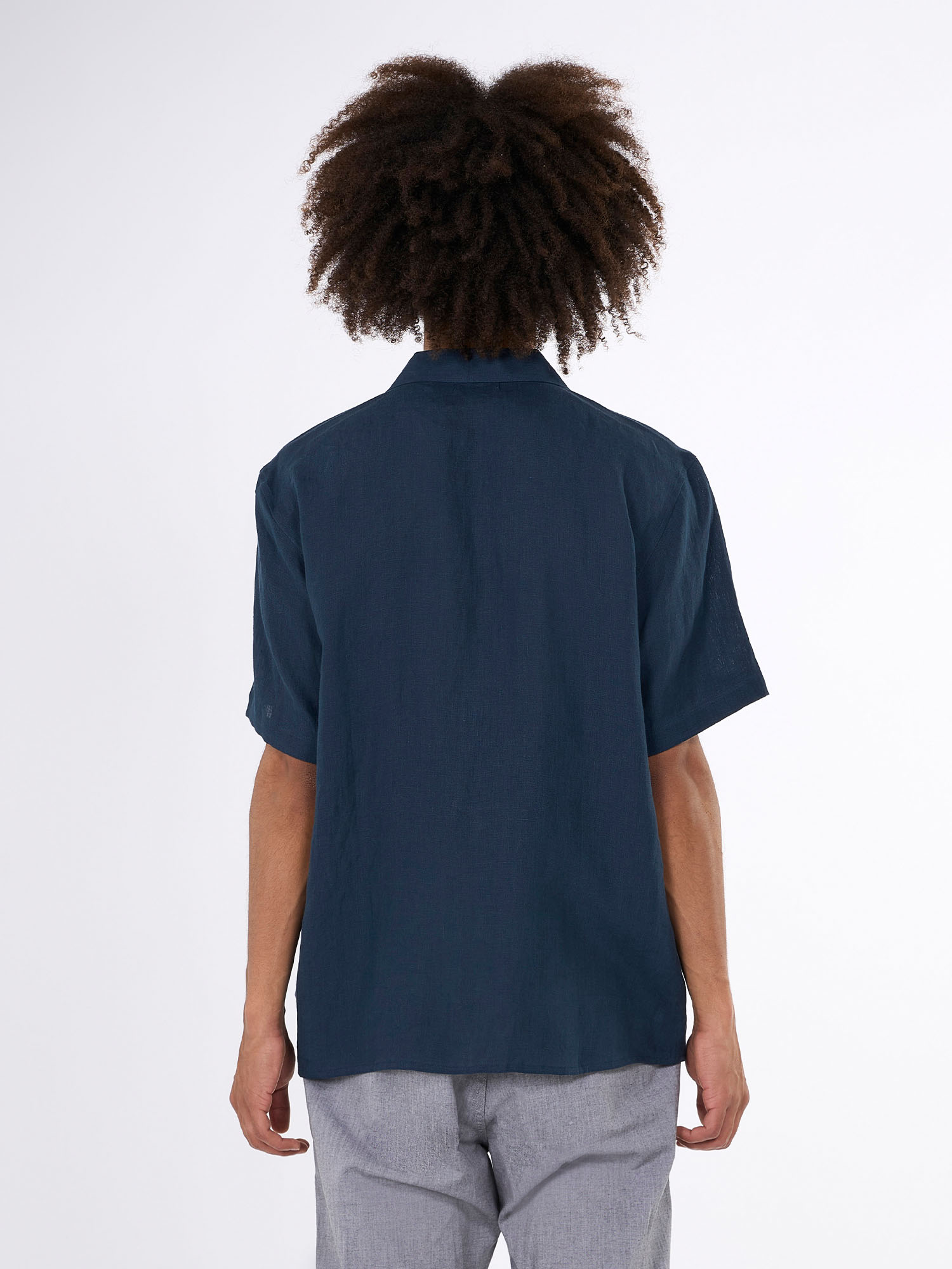 Knowledge Cotton Apparel Box fit short sleeved linen shirt Total Eclipse XL