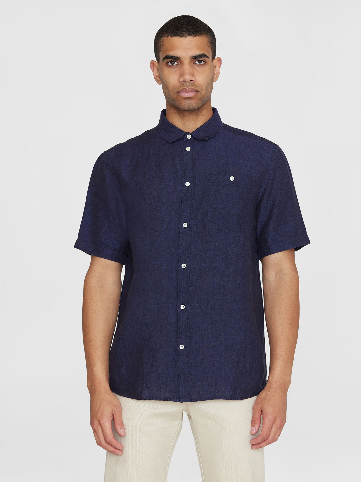 Knowledge Cotton Apparel Regular Linen Short Sleeve Shirt Total Eclipse S