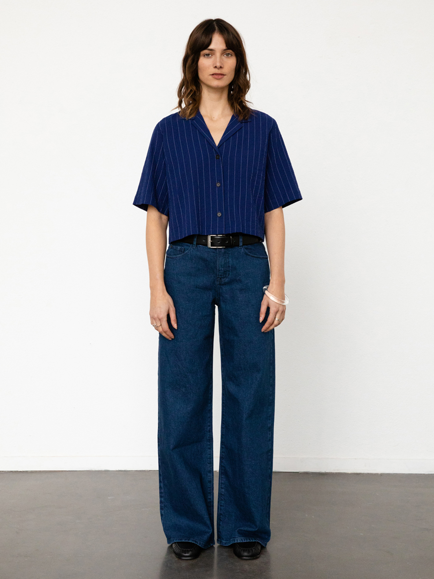 Rotholz Cropped Bowling Shirt Navy Pinstripe M