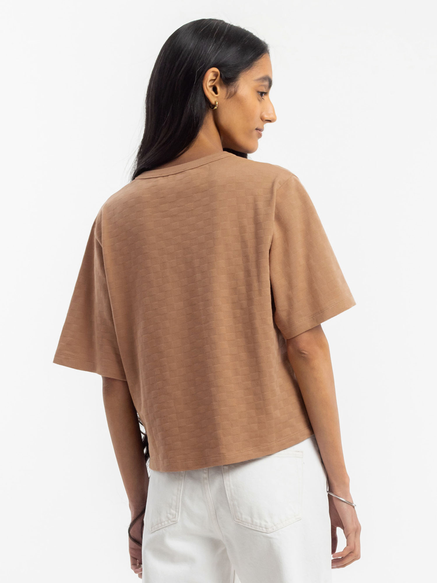 ROTHOLZ Cropped Tonal Check T-Shirt Caramel Brown L